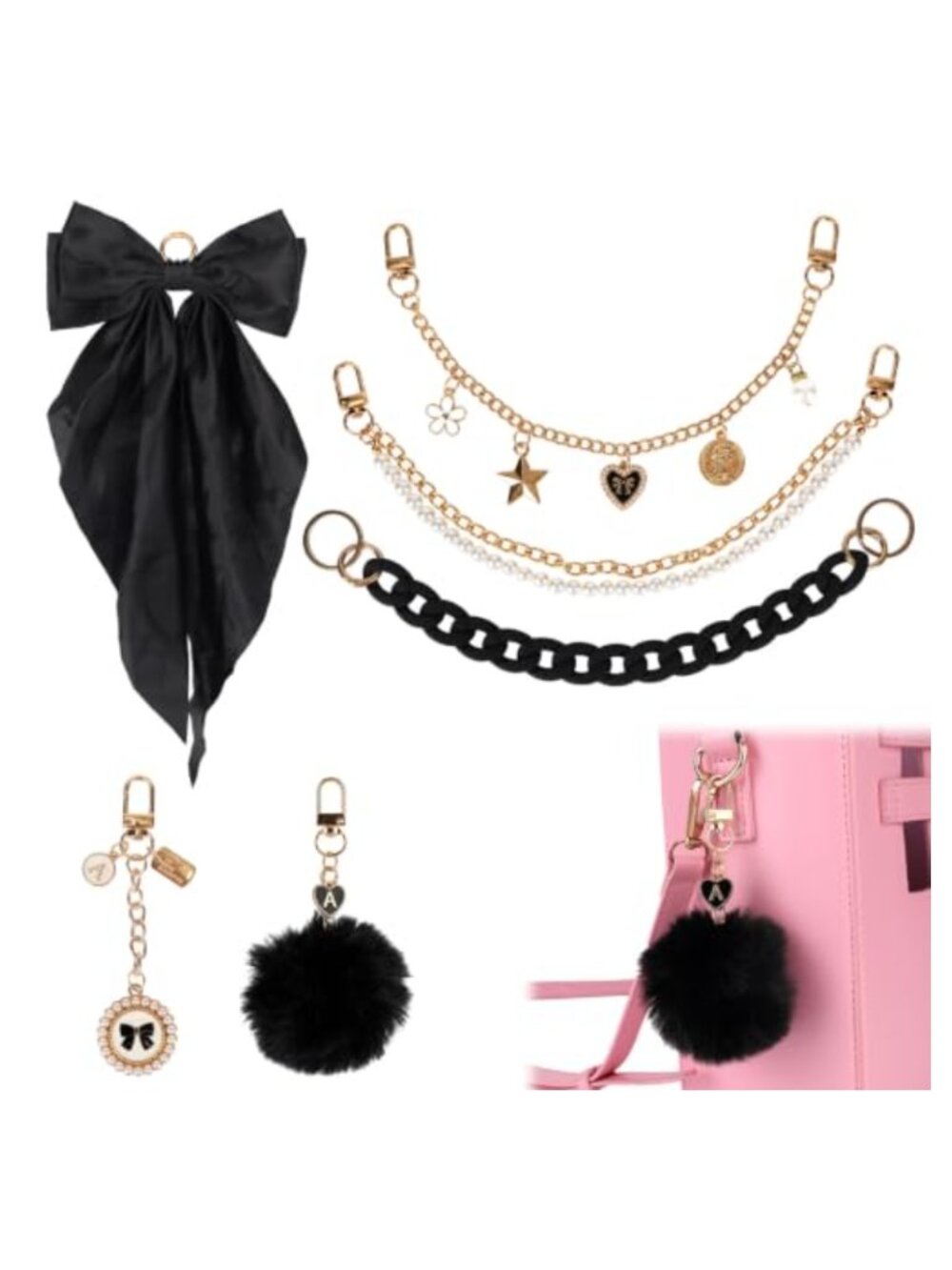 6pc Bag Charms Kit Satin Bow Pearl Chain Pom Pom Zinc Alloy Purse Handbag